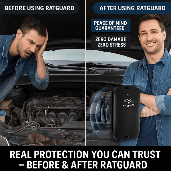 Ultrasonic Ratguard SonicArmor X rat repellent device for cars, with a sleek compact design and ultrasonic technology for pest control.