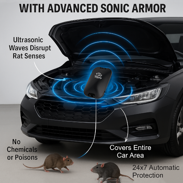 Ultrasonic rat repellent device from Rat Guard, SonicArmor X designed for cars, with compact shape and ultrasonic speaker for pest deterrence.