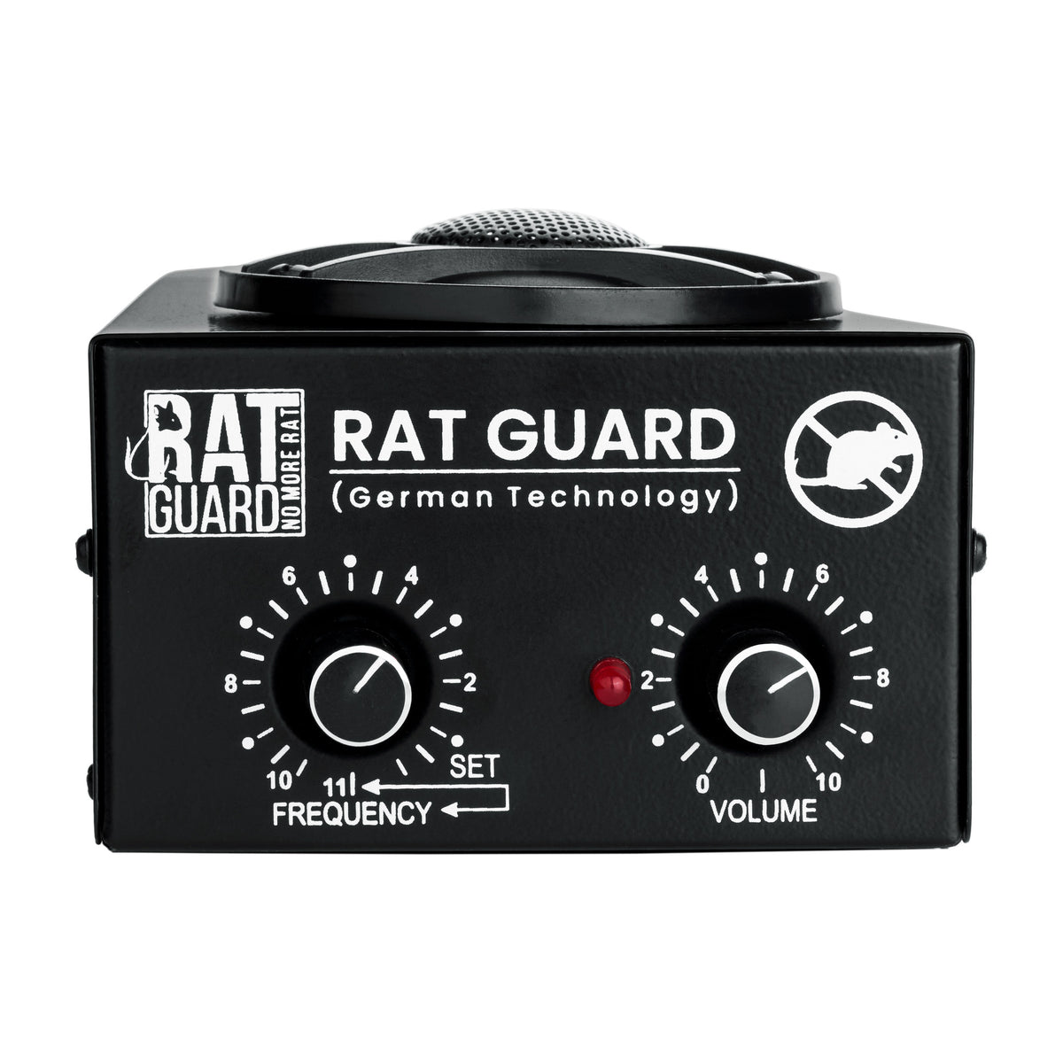 Ratguard MINI ultrasonic rat repellent, front view with frequency and volume dials