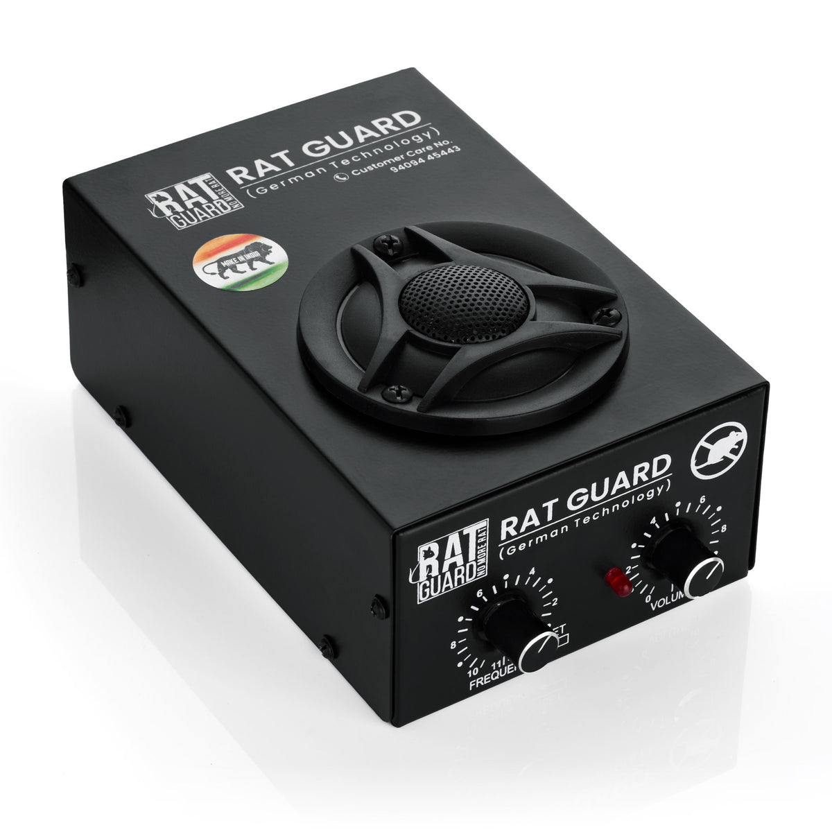 Ratguard MINI ultrasonic rat repellent, top view showing the speaker, Make in India mark and customer care number
