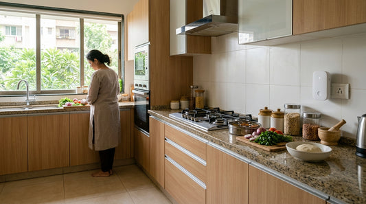 A modern, well-maintained Indian kitchen with an electronic rat control device plugged into an outlet.