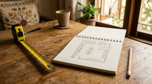 A measuring tape and a hand-drawn shop floor plan, planning where to place a rat repellent