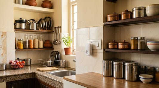 Ultrasonic rat repeller plugged into a wall socket in a clean Indian kitchen, with shelves and utensils in the…