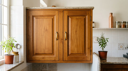 Interior of a clean Indian kitchen cabinet with food stored in airtight containers.