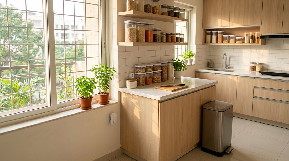Clean Indian apartment kitchen with food containers, a closed bin, and an ultrasonic repellent plugged in.