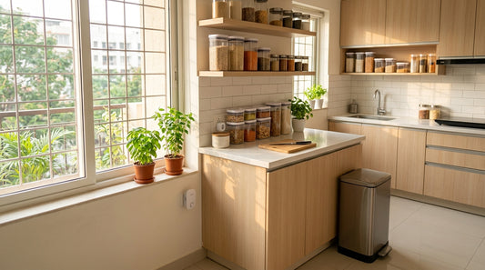 Clean Indian apartment kitchen with food containers, a closed bin, and an ultrasonic repellent plugged in.