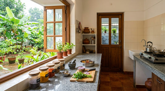 A clean Indian kitchen with spices in airtight containers, representing a rat-free home.