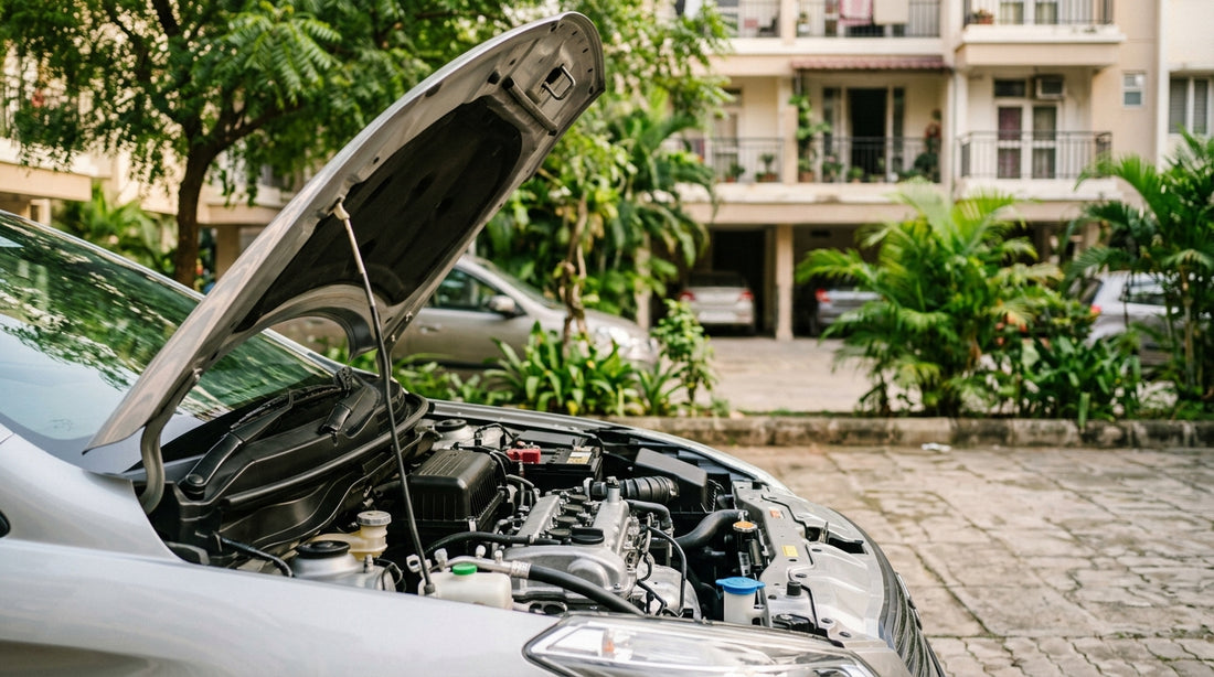 A clean car engine bay, ready for a rat repeller device installation, in an Indian parking setting.