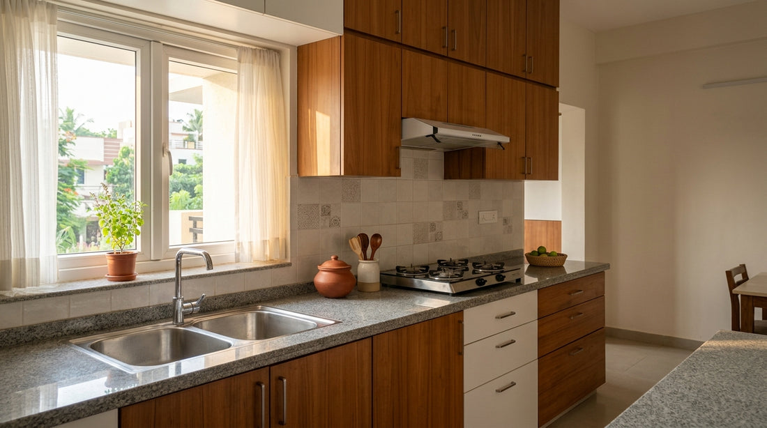 A clean and organized Indian kitchen, representing effective rat prevention through good hygiene and maintenance.