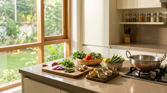 A sparkling clean Indian kitchen counter with fresh produce, suggesting a hygienic and pest-free environment.