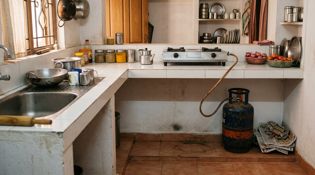 Subtle signs of potential rat activity in a corner of a typical Indian kitchen, including a faint smudge on a wall and…