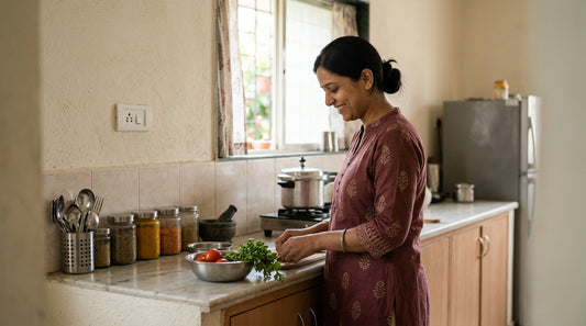 A bright, tidy Indian kitchen counter with a wall socket, ready for an ultrasonic rat repellent device.