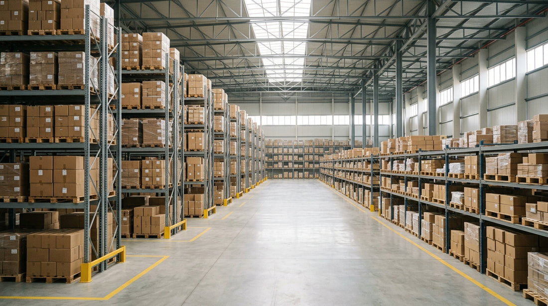 Clean, organized warehouse interior with tall racks of goods, emphasizing a well-managed storage environment.