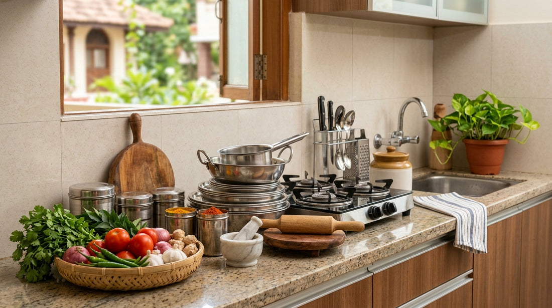 A clean, organised kitchen counter in an Indian home, ready for cooking and food preparation.