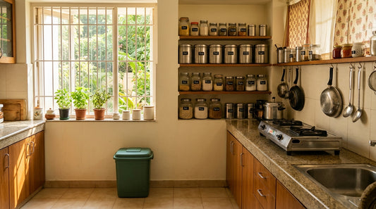 A tidy Indian kitchen with closed food containers and a dustbin, showing good hygiene practices for rat prevention.