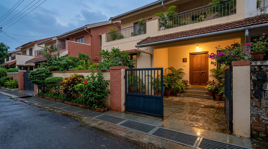 A well-kept Indian row house with a clean covered drain along the compound wall after rain