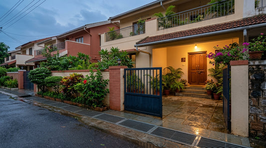 A well-kept Indian row house with a clean covered drain along the compound wall after rain