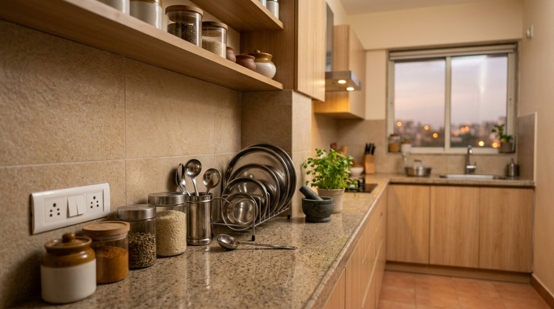 A clean Indian kitchen with tiled walls and closed food storage, the kind of space an ultrasonic repeller protects
