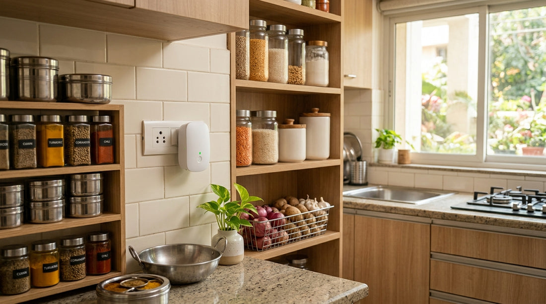 A plug-in ultrasonic rat repeller device visible in a clean, modern Indian kitchen with steel utensils and neatly…