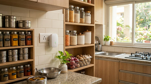 A plug-in ultrasonic rat repeller device visible in a clean, modern Indian kitchen with steel utensils and neatly…