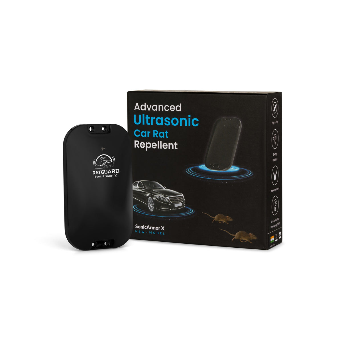 Ratguard SonicArmor X ultrasonic car rat repellent with its retail box