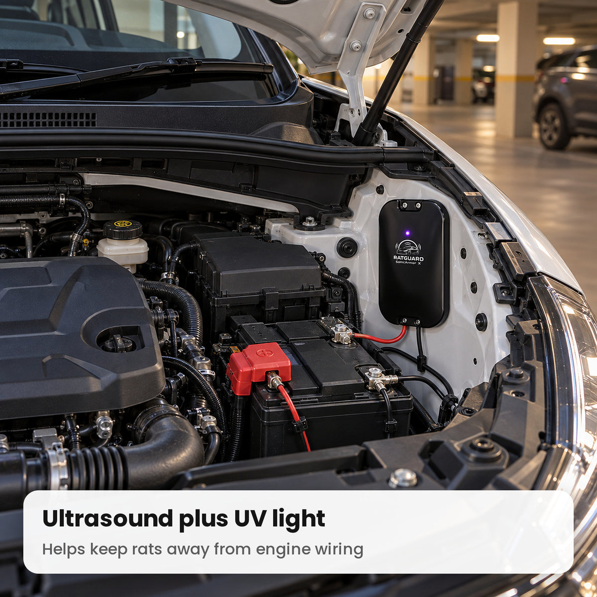 SonicArmor X with ultrasound and UV light installed in an SUV engine bay