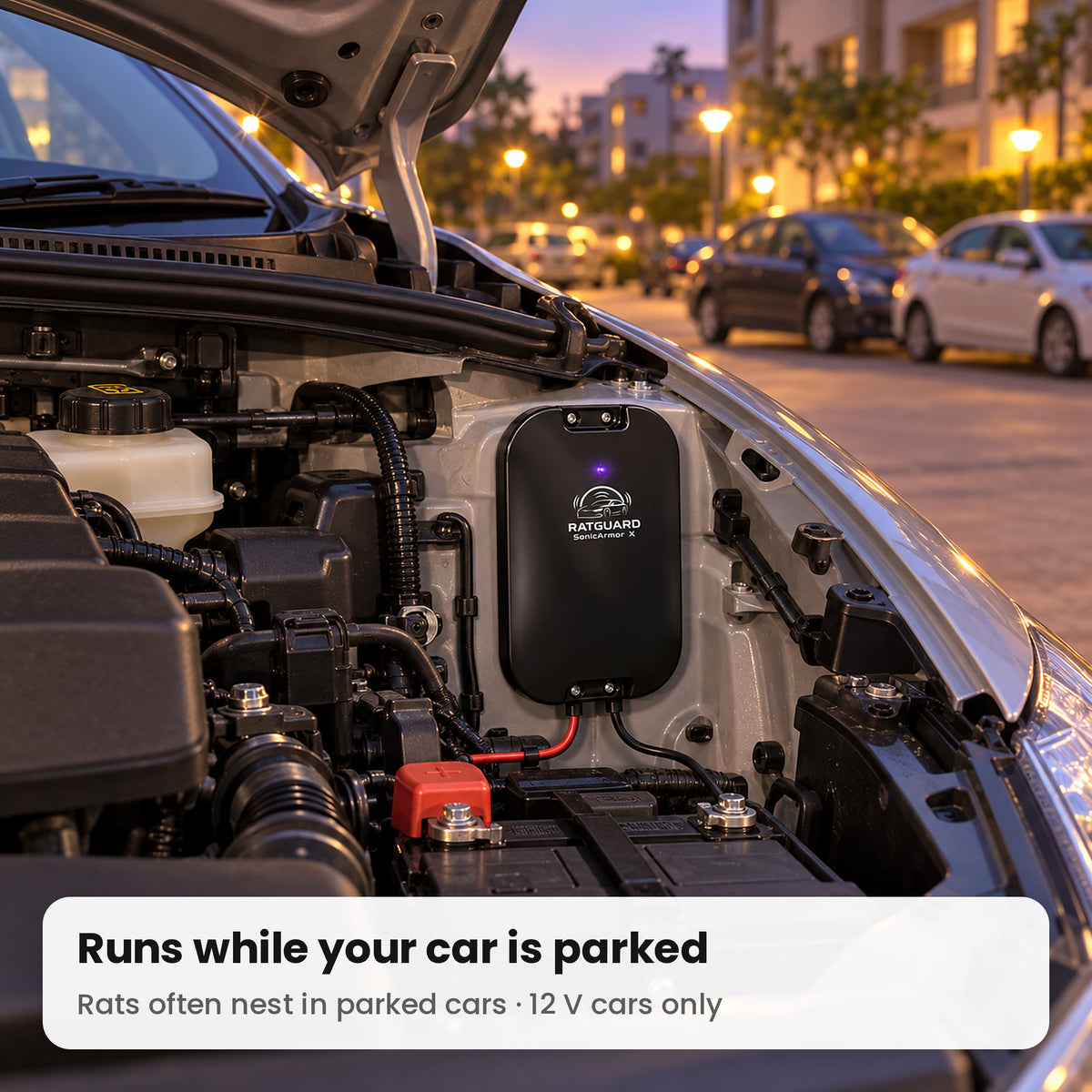 SonicArmor X working in a parked car engine bay at night, for 12V cars