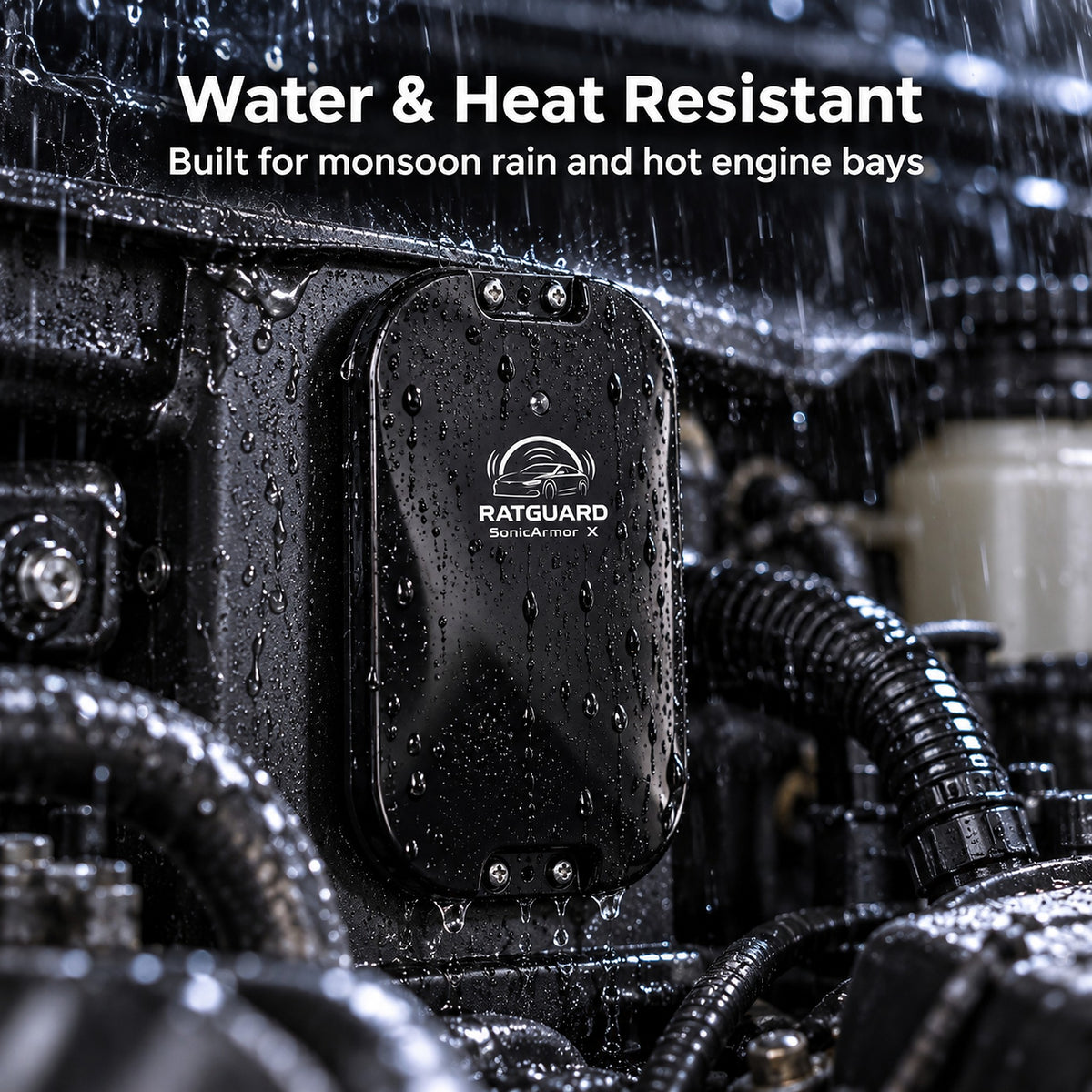 SonicArmor X mounted in a car engine bay in heavy rain - water and heat resistant