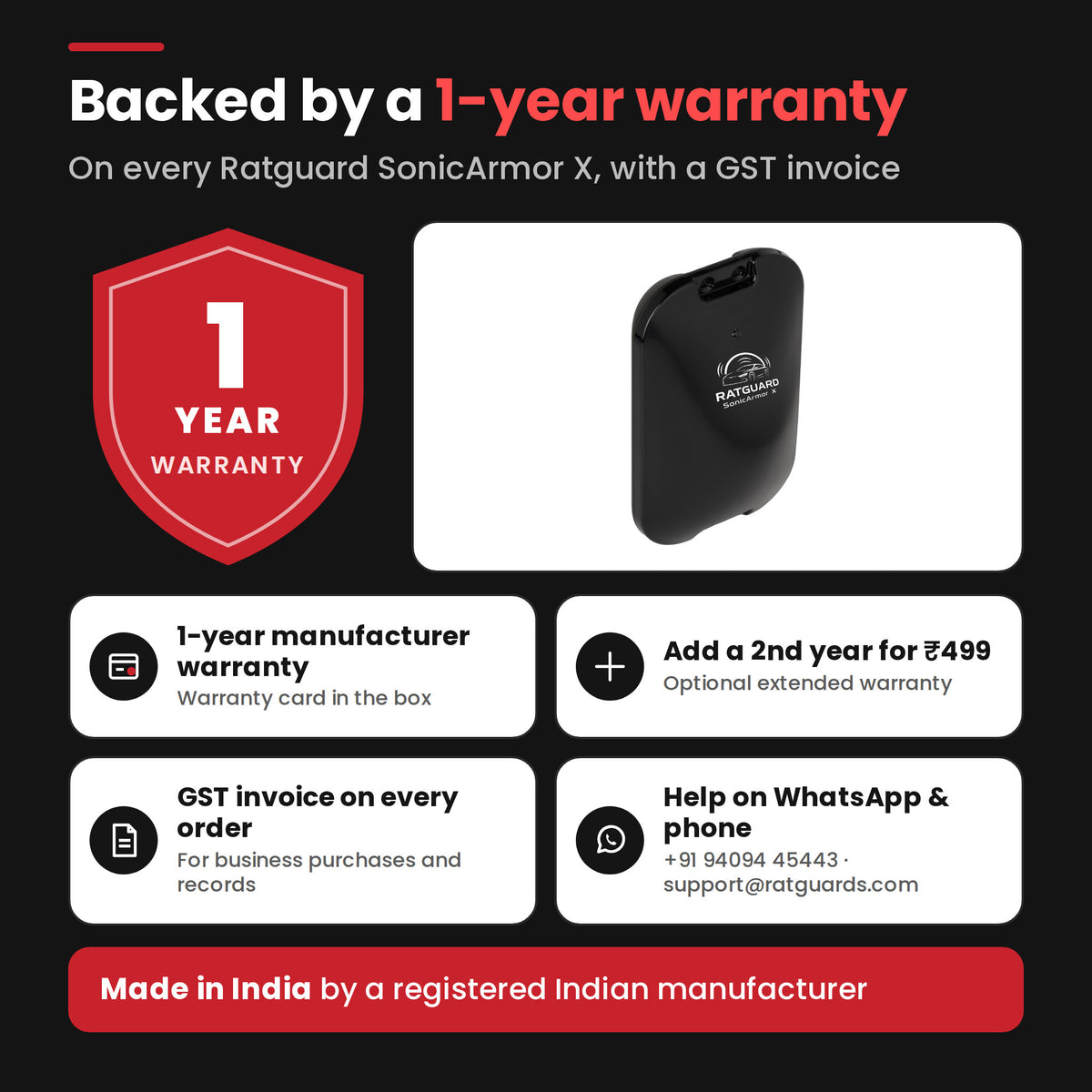 SonicArmor X 1-year warranty with GST invoice