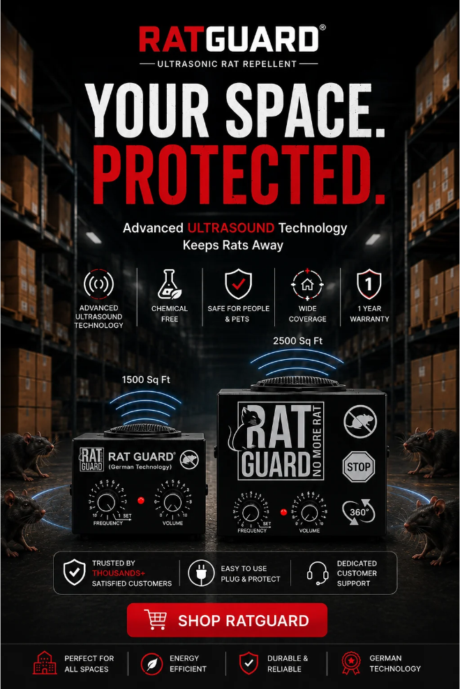 Your space, protected. Ratguard ultrasonic rat repellent for homes, shops, offices and warehouses, covering 1,500 to 2,500 sq ft. Chemical-free, safe around people, cats and dogs, plug in and leave it, 1-year warranty.
