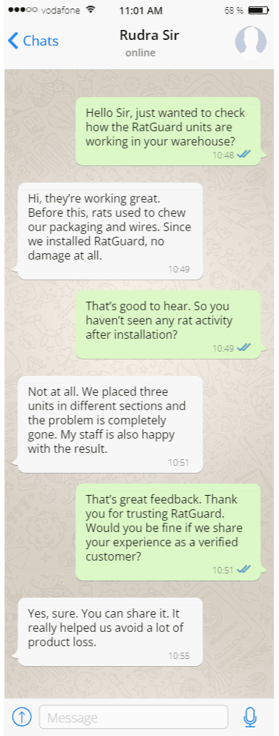 Customer review message on WhatsApp