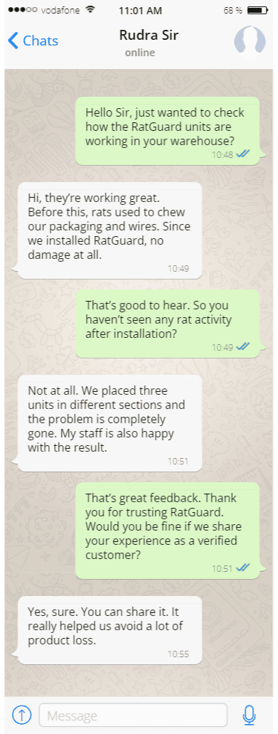 Customer review message on WhatsApp