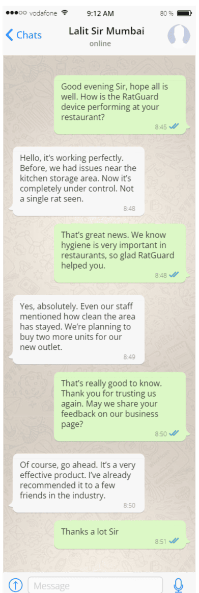 Customer review message on WhatsApp