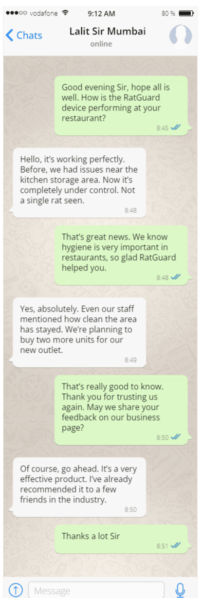 Customer review message on WhatsApp