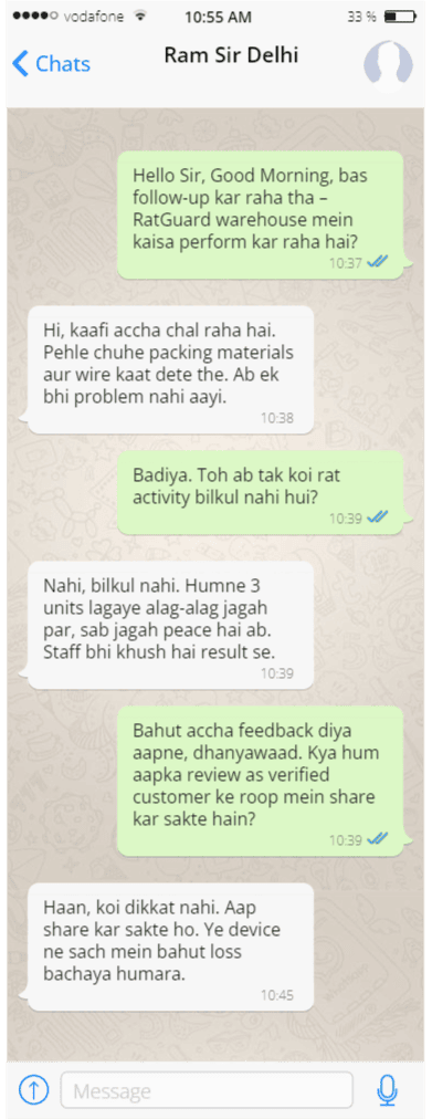 Customer review message on WhatsApp