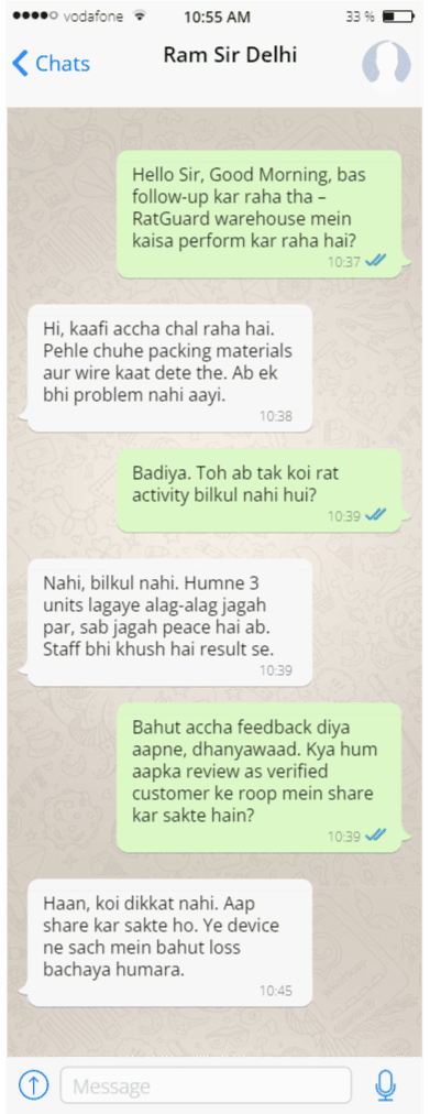 Customer review message on WhatsApp