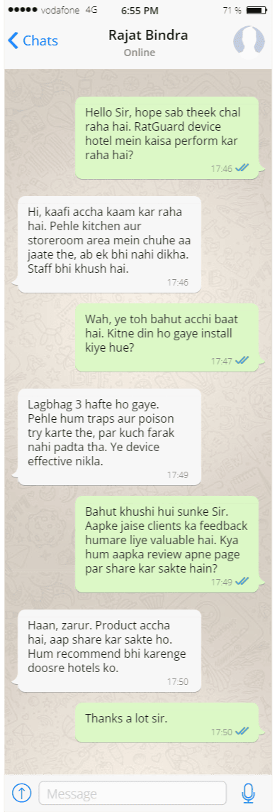 Customer review message on WhatsApp
