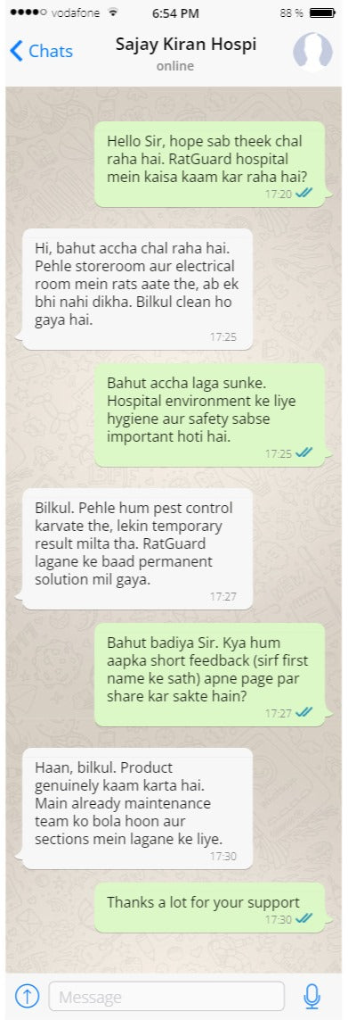 Customer review message on WhatsApp