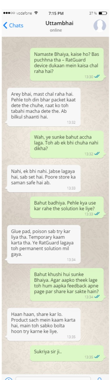 Customer review message on WhatsApp