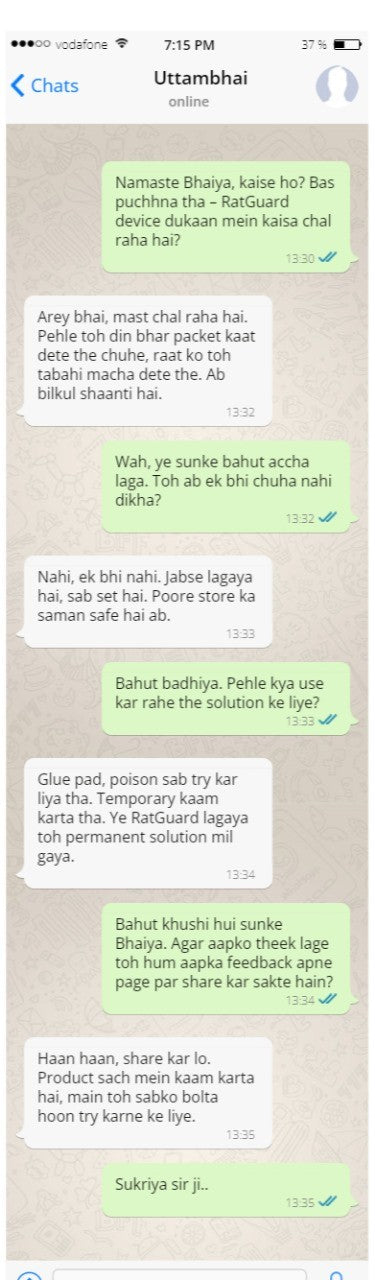 Customer review message on WhatsApp