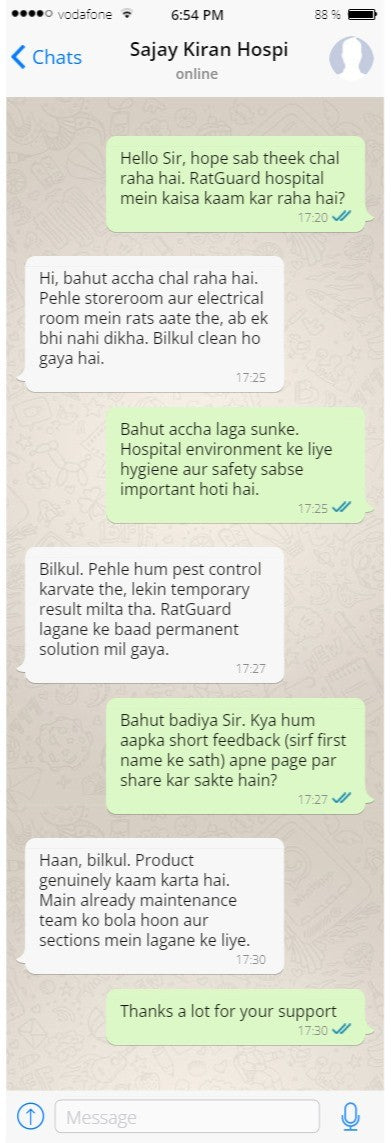 Customer review message on WhatsApp