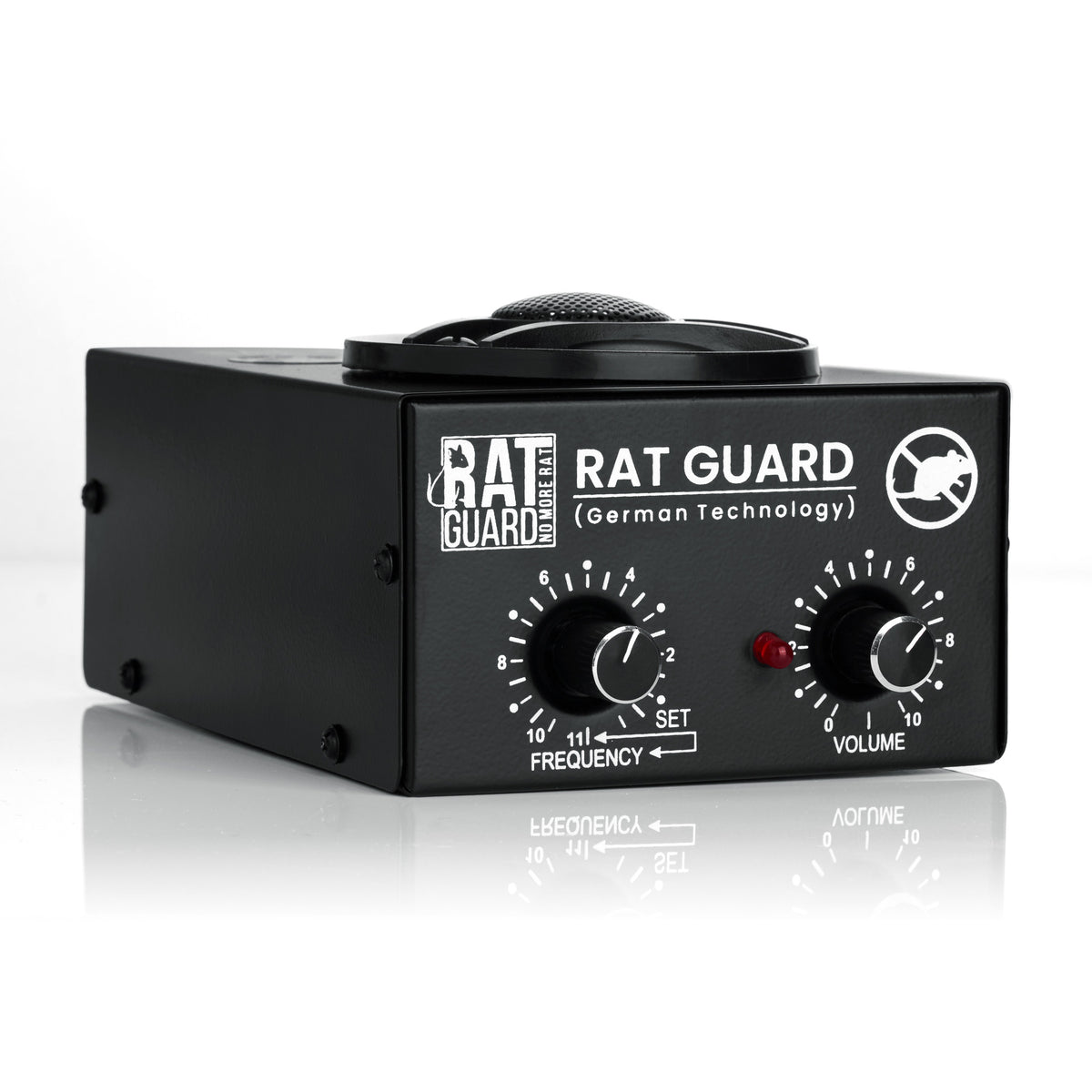 Ratguard MINI ultrasonic rat repellent, front angle view of the metal body and control dials